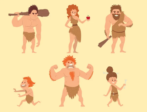 Hombre de las cavernas primitiva edad de piedra dibujos animados gente neandertal personaje evolución vector ilustración . — Vector de stock