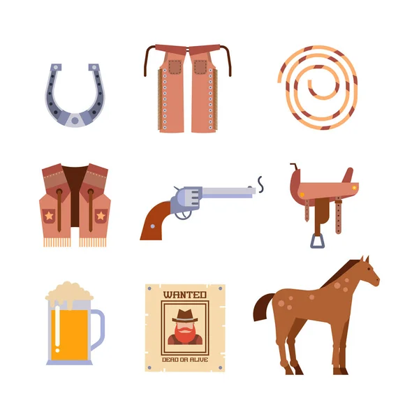 Elementos del oeste salvaje establecen iconos equipo de rodeo vaquero y diferentes accesorios vector ilustración . — Vector de stock