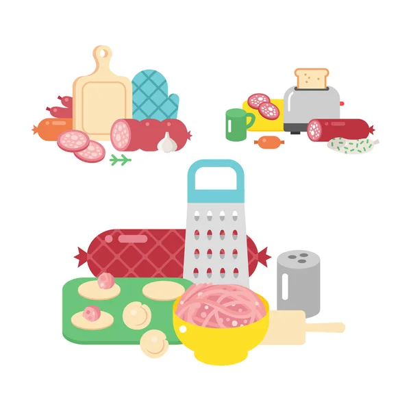 Ingrediente de produtos de carne e elementos rústicos equipamento de preparação alimento ilustração vetorial plana . — Vetor de Stock
