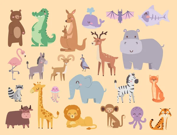 Animales de dibujos animados zoológico lindo aislado fauna divertida aprender lenguaje lindo y naturaleza tropical safari mamífero selva personajes altos vector ilustración . — Archivo Imágenes Vectoriales