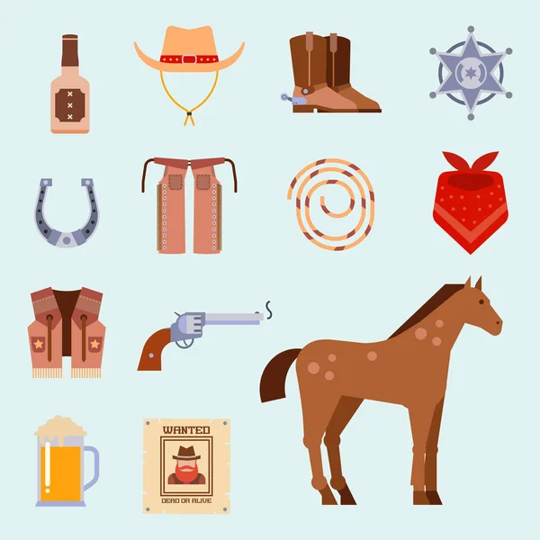 Elementos del oeste salvaje establecen iconos equipo de rodeo vaquero y diferentes accesorios vector ilustración . — Vector de stock