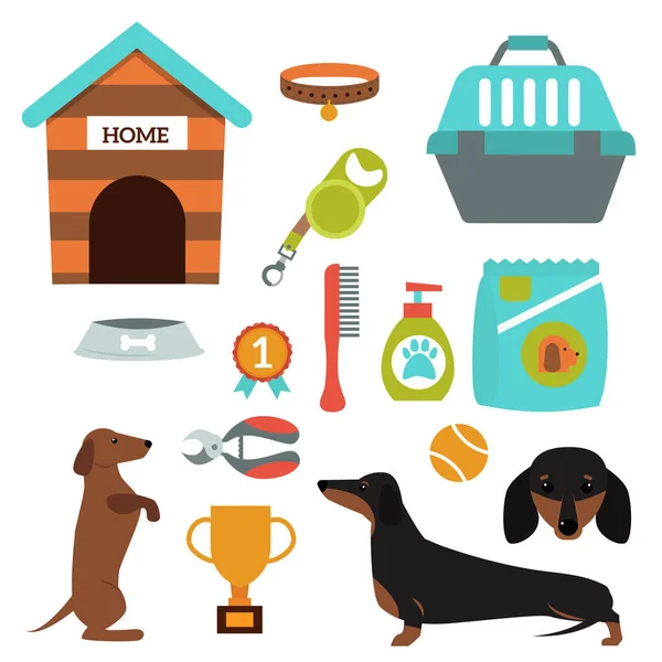 Dachshund perro jugando vector ilustración elementos conjunto estilo plano cachorro doméstico mascota accesorio . — Vector de stock