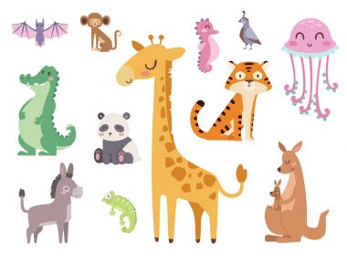 Şirin Hayvanat Bahçesi karikatür hayvanlar izole komik yaban hayatı öğrenmek şirin dil ve tropikal doğa safari memeli orman uzun karakter illüstrasyon vektör.