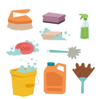 Temizleyici şişe kimyasal ev ürün bakım yıkama ekipmanları temizlik sıvı düz vektör çizim.