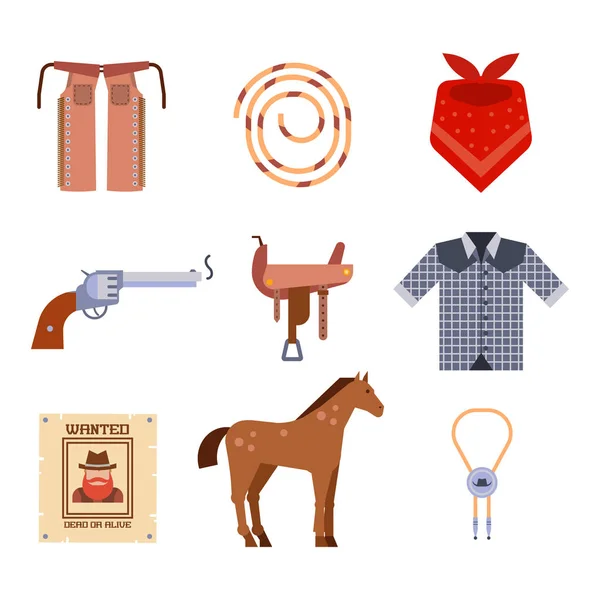 Elementos del oeste salvaje establecen iconos equipo de rodeo vaquero y diferentes accesorios vector ilustración . — Archivo Imágenes Vectoriales