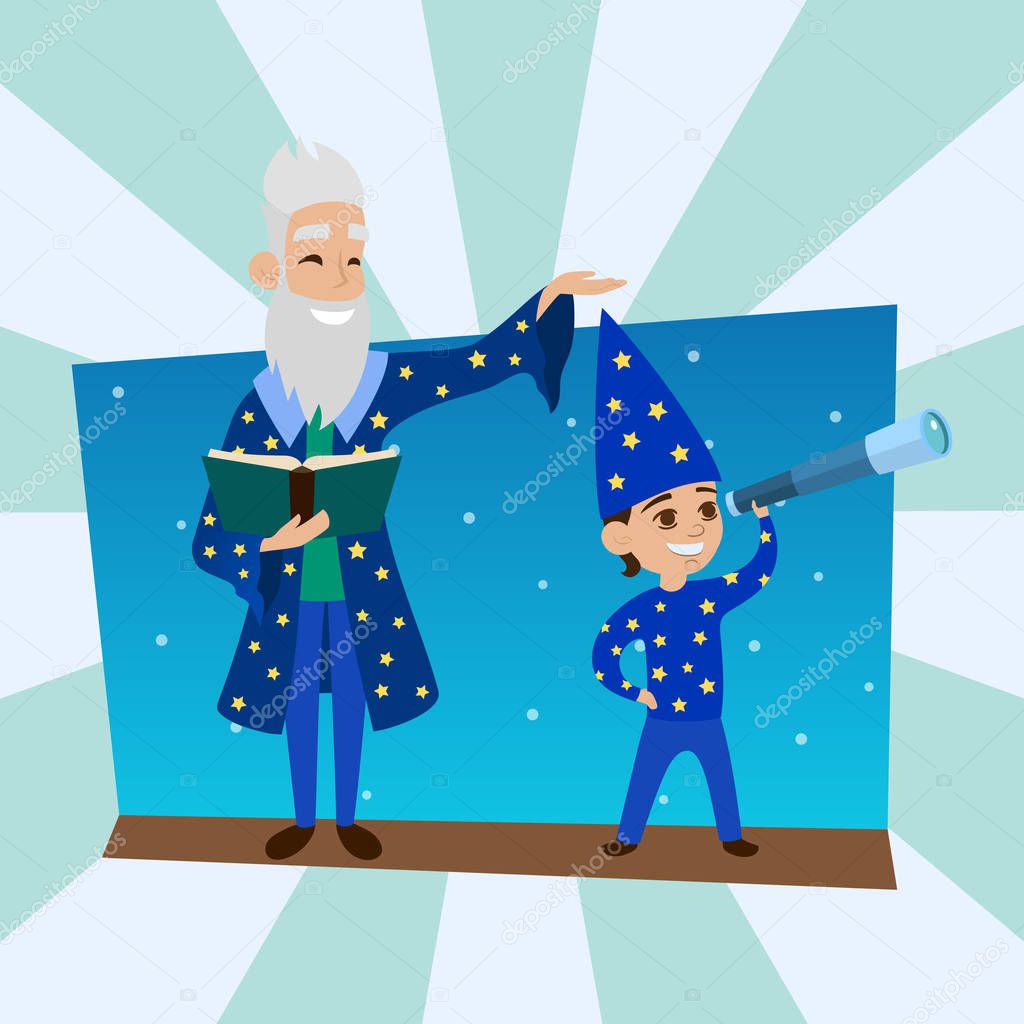 Astronomer grandfather with little boy vision person astronomy science observatory vector illustration.