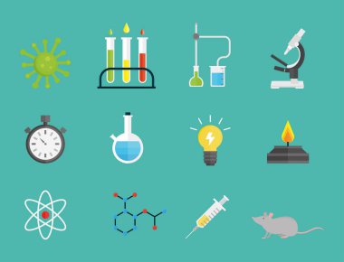 Tıbbi Laboratuar bilimsel biyoloji tasarım molekül mikroskop konsepti laboratuvar sembolleri test ve biyoteknoloji bilim kimya simgeler illüstrasyon vektör.