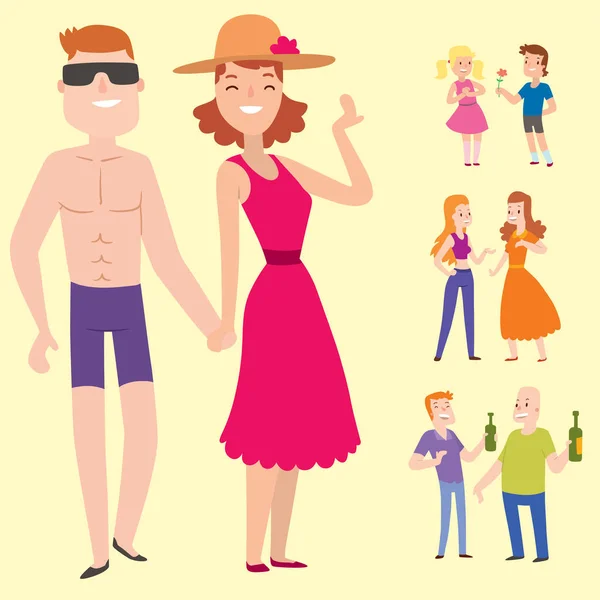 Personas feliz pareja dibujos animados relación personajes estilo de vida vector ilustración relajado amigos . — Archivo Imágenes Vectoriales