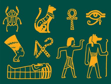 Mısır seyahat geçmiş sybols çizilmiş tasarım geleneksel hiyeroglif vektör çizim stili el.