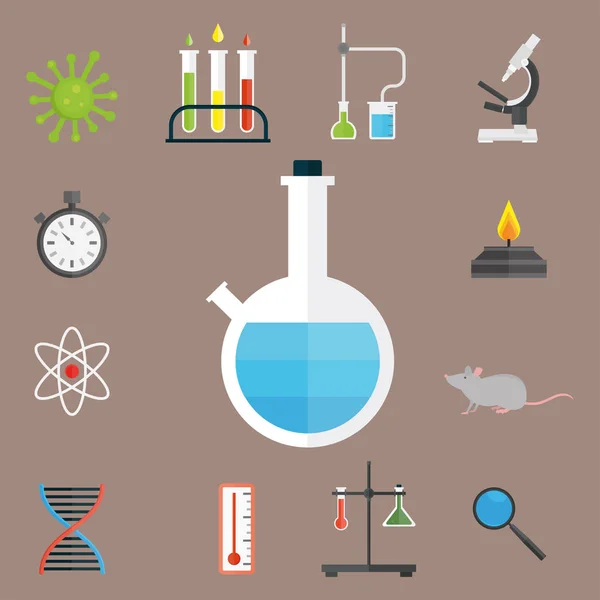 Os símbolos do laboratório testam o conceito científico do microscópio da molécula do projeto da biologia do laboratório médico e a ilustração do vetor dos ícones da química da ciência da biotecnologia . — Vetor de Stock