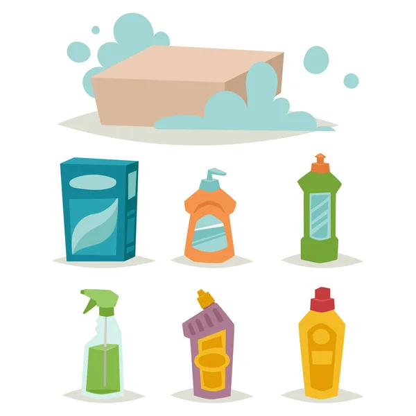 Temizleyici şişe kimyasal ev ürün bakım yıkama ekipmanları temizlik sıvı düz vektör çizim. — Stok Vektör