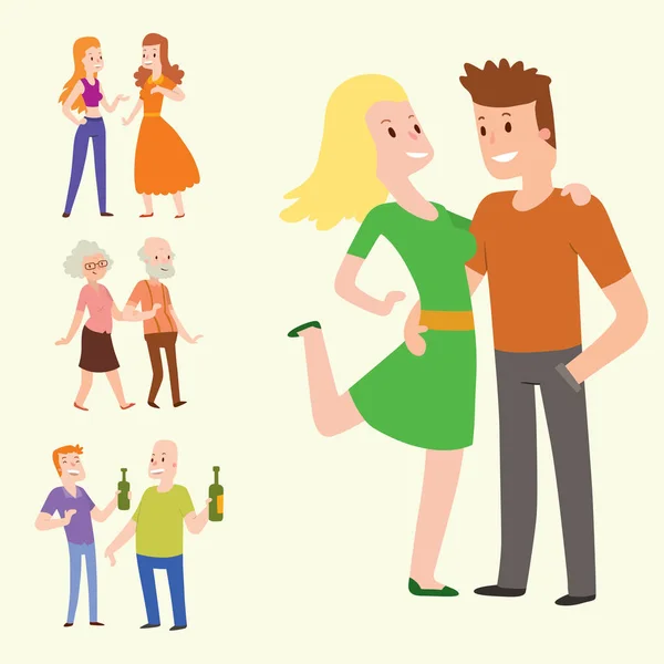 Menschen glücklich Paar Cartoon Beziehung Charaktere Lifestyle Vektor Illustration entspannte Freunde. — Stockvektor
