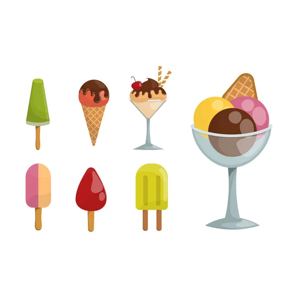Набор льда мультфильм красочные крема десерт векторной иллюстрации шоколадные продукты сладкий холодный изолированный иконка конус вкусные фрукты замороженные конфеты коллекции — стоковый вектор