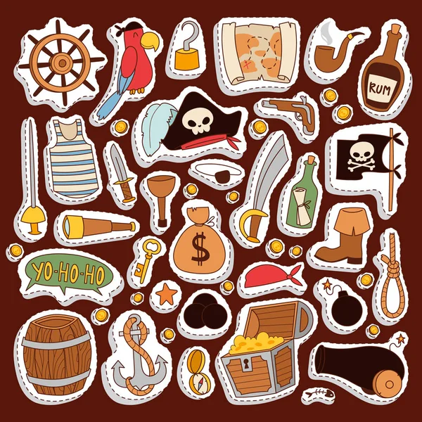 Pegatinas piratas iconos vector colección aventura símbolos — Vector de stock