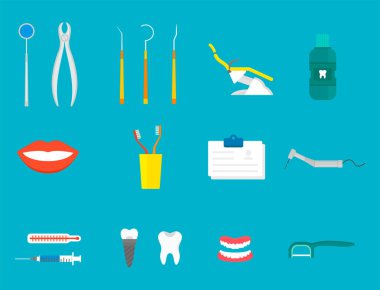 Düz sağlık diş hekimi tıbbi araçlar tıp enstrüman hijyen stomatology vektör çizim.