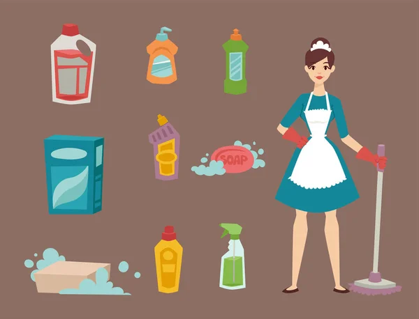 Dona de casa menina dona de casa limpeza menina bonita lavagem limpador químico doméstico produto equipamento vetor . — Vetor de Stock