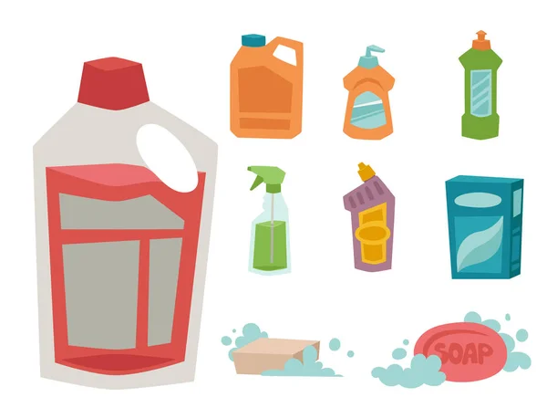 Bottiglia detergente pulizia prodotti chimici pulizia prodotti pulizia attrezzature lavaggio liquido piatto vettoriale illustrazione . — Vettoriale Stock