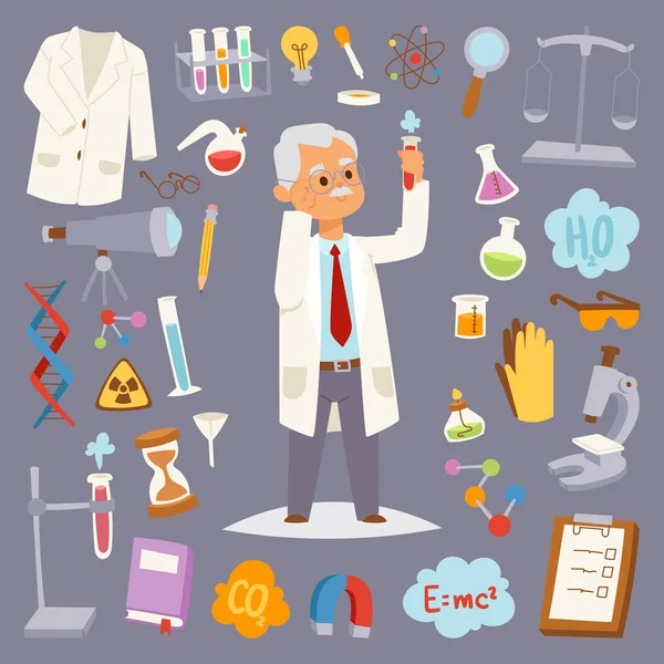 Homem da ciência personagem professor laboratório ícones vetor ilustração . —  Vetores de Stock