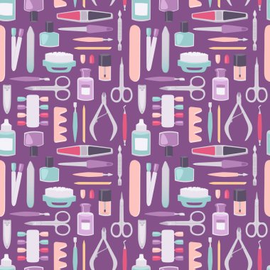 Manikür aletleri vektör karikatür tarzı seamless modeli ayarla