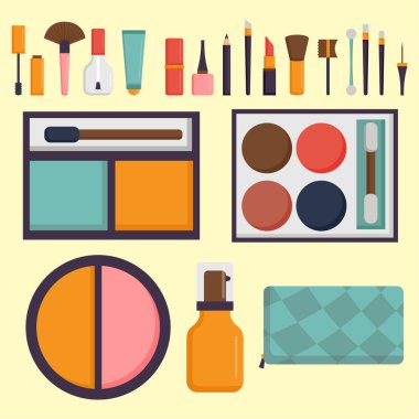 Makyaj simgeler maskara bakım fırçalar karşı karşıya tarak göz farı glamour kadın Aksesuar vektör parfüm.