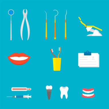 Düz sağlık diş hekimi tıbbi araçlar tıp enstrüman hijyen stomatology vektör çizim.