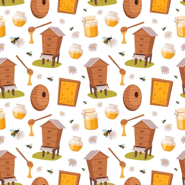 Μέλισσα μέλι Μελισσοκομικά σπίτια χωρίς ραφή πρότυπο εικονογραφήσεις φορέα — Διανυσματικό Αρχείο