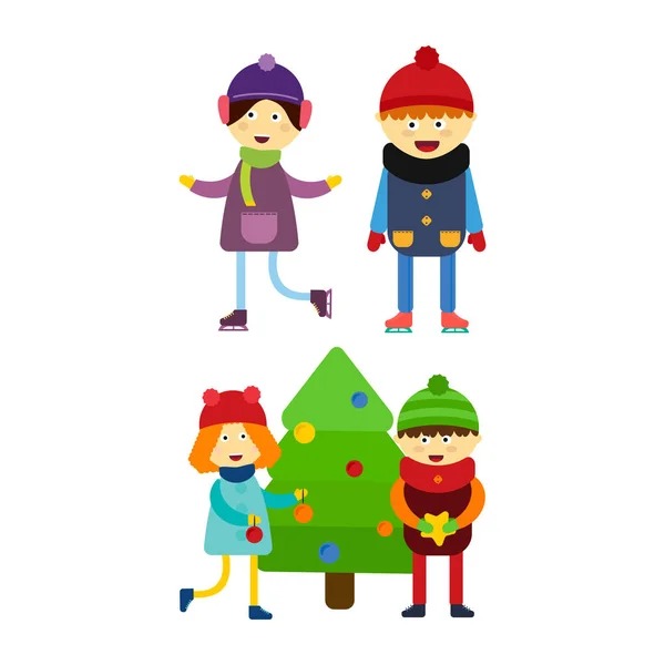 Kerstmis kinderen winter spelen schaatsen stripfiguren Nieuwjaar winter vakantie vector illustratie. — Stockvector