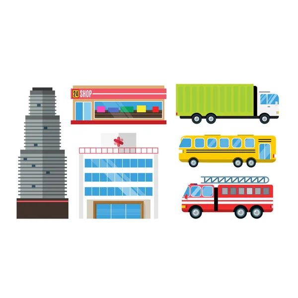 Vrachtwagen auto cartoon levering vervoer lading bus vectorillustratie gebouw wolkenkrabber architectuur van de stad. — Stockvector