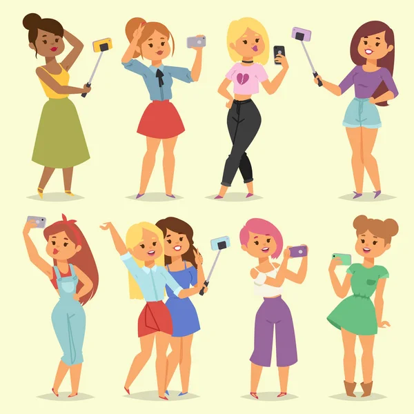 Dibujos animados selfie foto niñas vector ilustración mujer tienen auto foto — Archivo Imágenes Vectoriales