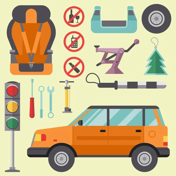 Autotransport Autofahrer Symbol Fahrzeug Ausrüstung Service Autofahrer Werkzeuge Vektor Illustration. — Stockvektor