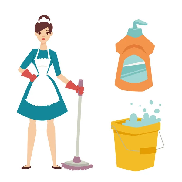 Hospodyňka dívka v domácnosti čištění hezká dívka mycí čistící chemické domácí práce produktu zařízení vektor. — Stockový vektor