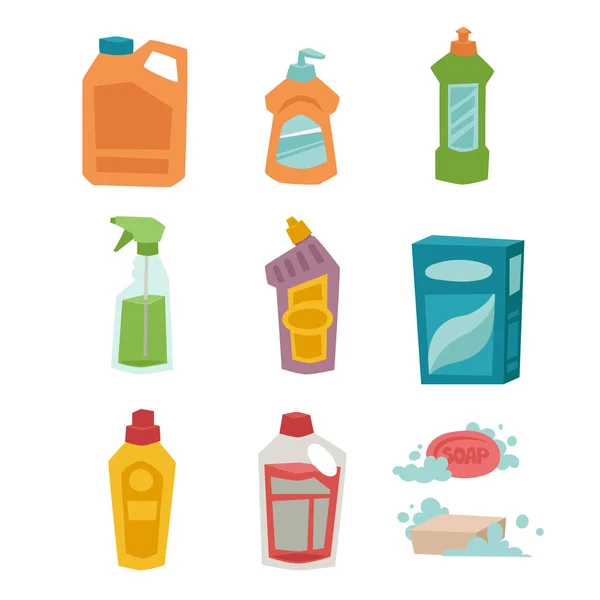 Do mycia butelka chemiczny domowych produkt opieki mycia sprzętu czyszczenia cieczy płaskie wektor ilustracja. — Wektor stockowy