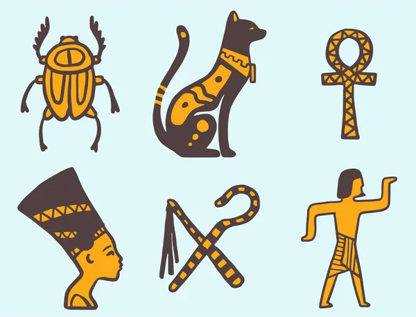 Mısır seyahat geçmiş sybols çizilmiş tasarım geleneksel hiyeroglif vektör çizim stili el. — Stok Vektör