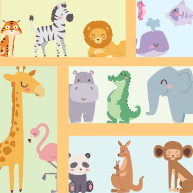 Cute zoo cartoon animals isolated funny wildlife learn cute language and tropical nature safari mammal jungle tall characters vector illustration. clipart