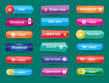 Renkli web sitesi düğmeleri vektör çizim parlak grafik etiket internet şablon banner tasarımı.