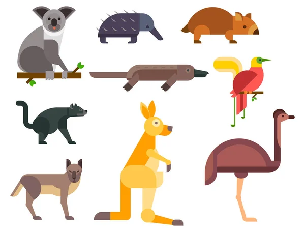澳大利亚野生动物卡通流行自然字符平面样式和澳大利亚哺乳动物澳洲进口原生森林集合矢量图. — 图库矢量图片