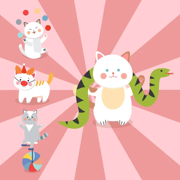 Циркові кішки Векторні веселі ілюстрації для дітей з маленькими домашніми мультяшними тваринами, які грають ссавців — стоковий вектор