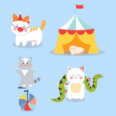 Sirk kedi memeli oynarken küçük yerli çizgi film hayvanlarla çocuklar için neşeli illüstrasyon vektör