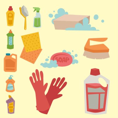 Temizleyici şişe kimyasal ev ürün bakım yıkama ekipmanları temizlik sıvı düz vektör çizim.