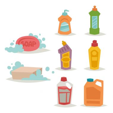 Temizleyici şişe kimyasal ev ürün bakım yıkama ekipmanları temizlik sıvı düz vektör çizim.