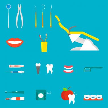 Düz sağlık diş hekimi tıbbi araçlar tıp enstrüman hijyen stomatology vektör çizim.