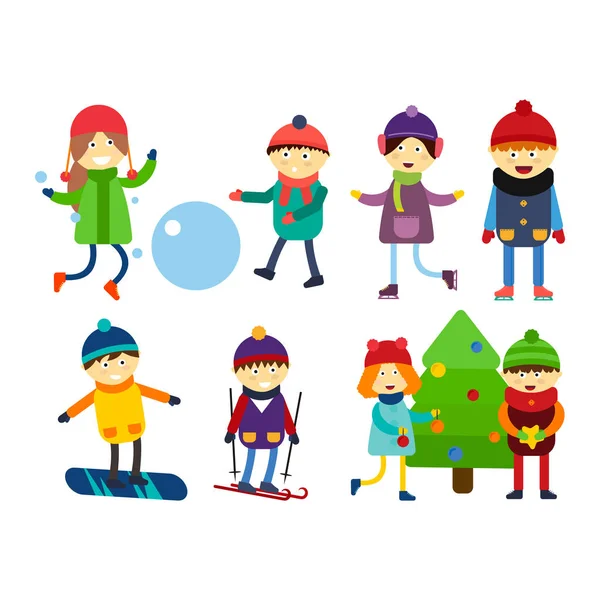 Kerstmis kinderen spelen winter skiën sledding cartoon Nieuwjaar wintervakantie tekens vector illustratie. — Stockvector