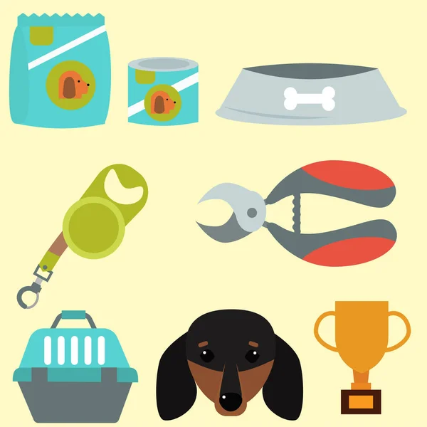 Dackel Hund spielen Vektor Illustration Elemente setzen flachen Stil Welpen Haustier Zubehör. — Stockvektor