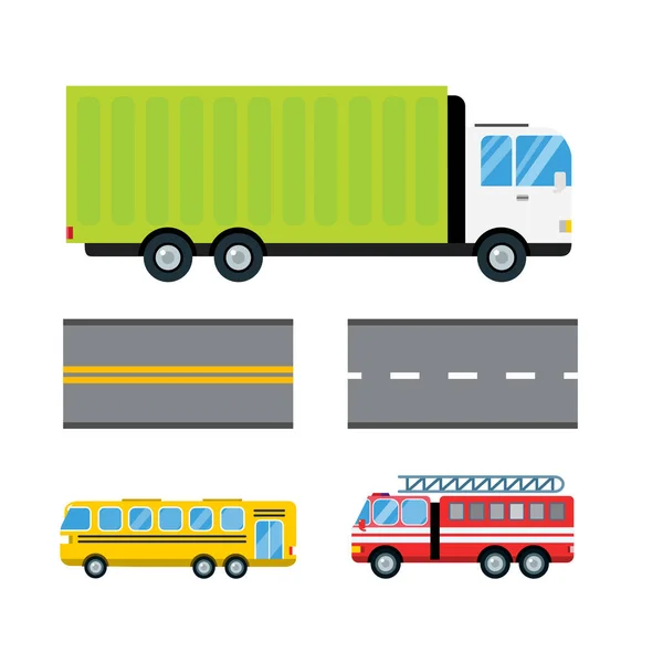 Carros de bombeiros entrega de desenhos animados transporte carga ônibus logístico isolado vetor ilustração . —  Vetores de Stock