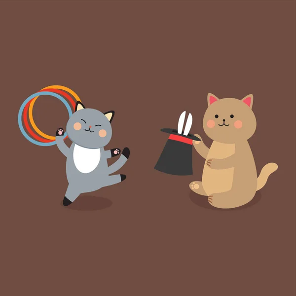 Γάτες τσίρκου διάνυσμα χαρούμενη εικονογράφηση για τα παιδιά με μικρή εγχώρια γελοιογραφία ζώα, παίζοντας θηλαστικό — Διανυσματικό Αρχείο