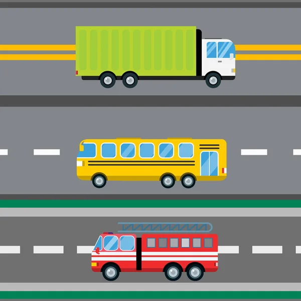 Camión de bomberos coche de dibujos animados entrega transporte de carga bus logístico sin costura patrón vector ilustración . — Vector de stock