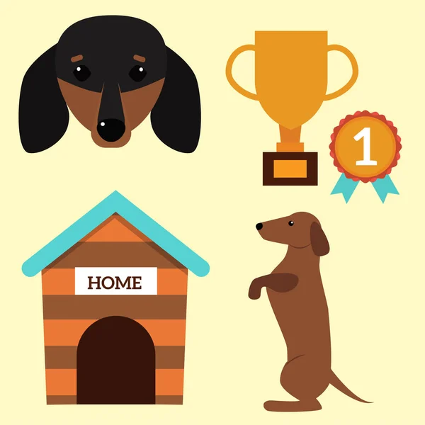 Teckel hond spelen vector illustratie elementen instellen vlakke stijl pup binnenlands huisdier accessoire. — Stockvector