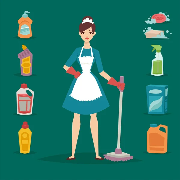Háziasszony lány háztartásbeli csinos lány mosás tisztító vegyi házimunka termék berendezések vektor tisztítás. — Stock Vector