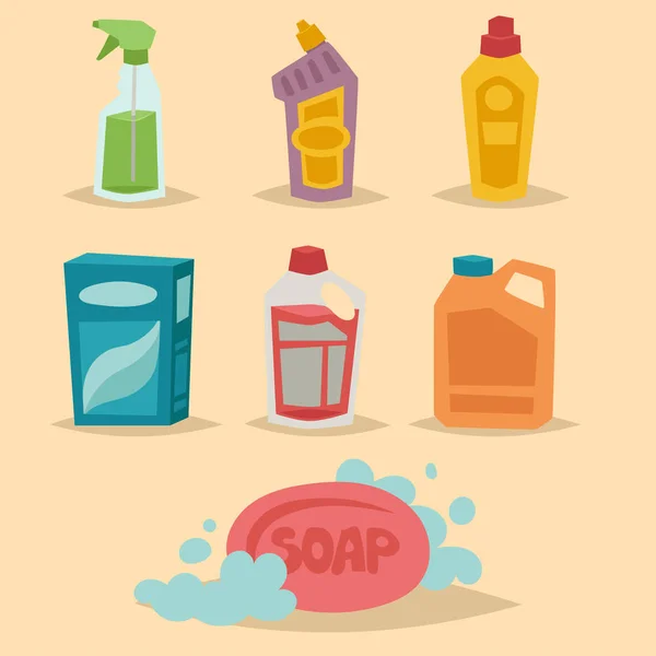 Limpador garrafa químico doméstico produto cuidado lavar equipamentos limpeza líquido plana vetor ilustração . —  Vetores de Stock