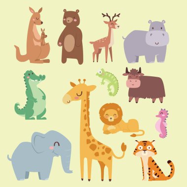 Şirin Hayvanat Bahçesi karikatür hayvanlar izole komik yaban hayatı öğrenmek şirin dil ve tropikal doğa safari memeli orman uzun karakter illüstrasyon vektör.